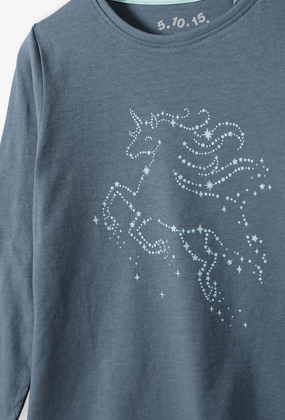 Niebieska bluzka z długim rękawem z nadrukiem jednorożca