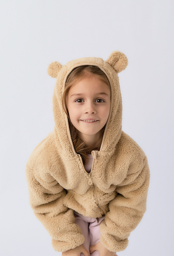 Dziewczęca bluza rozpinana z kapturem i uszami – beżowa