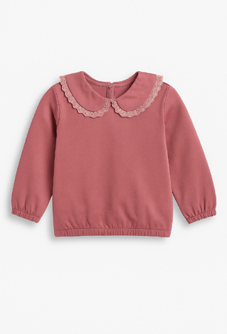 Różowa bluza dziewczęca z koronkowym kołnierzykiem.