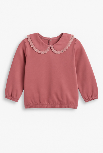Różowa bluza dziewczęca z koronkowym kołnierzykiem.