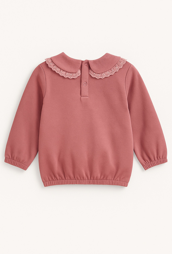 Różowa bluza dziewczęca z koronkowym kołnierzykiem.