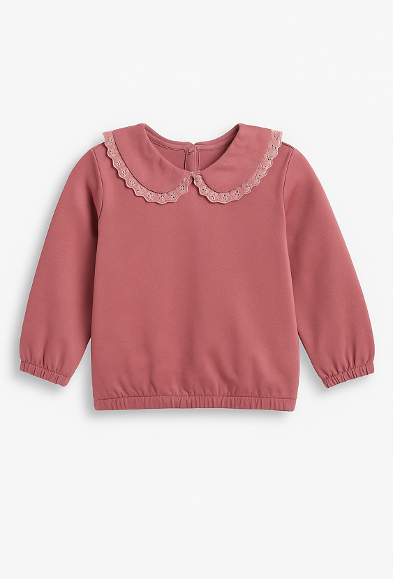 Różowa bluza dziewczęca z koronkowym kołnierzykiem.