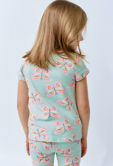 Koszulka dziewczęca - niebieska w różowe motyle