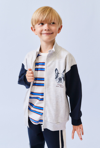 Szara bluza chłopięca z nadrukiem pieska – rozpinana na stójce.