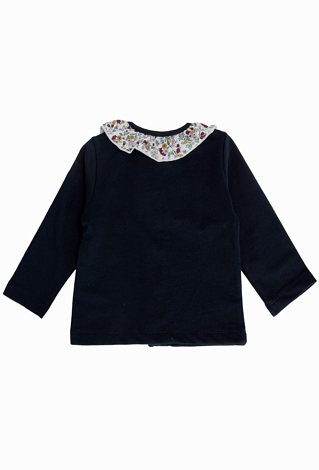 Granatowa bluza niemowlęca z kwiatowym kołnierzykiem.