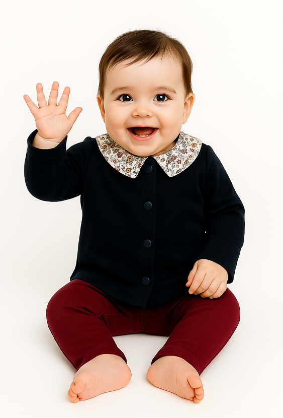 Granatowa bluza niemowlęca z kwiatowym kołnierzykiem.