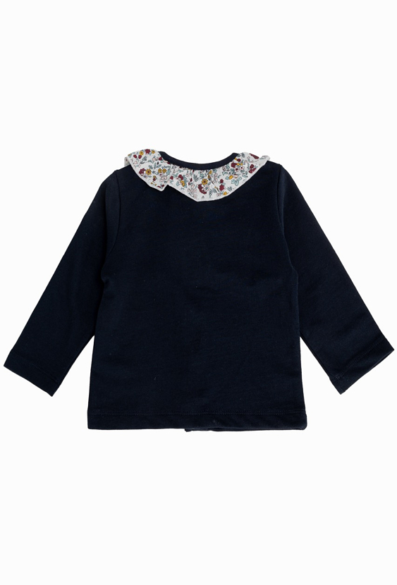 Granatowa bluza niemowlęca z kwiatowym kołnierzykiem.