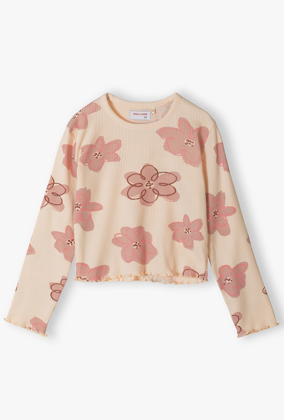 Bluzka dziewczęca z prążkowanej dzianiny w kwiatki