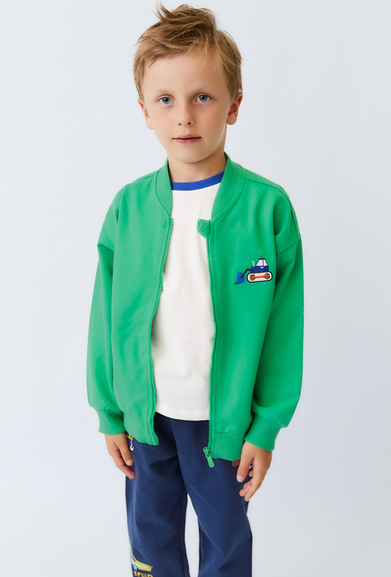 Bluza dziecięca zielona rozpinana na stójce z haftem.