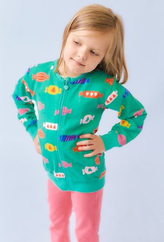 Zielona bluza dziewczęca rozpinana z nadrukiem w cukierki