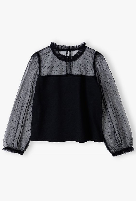 Czarna elegancka bluzka dziewczęca z ozdobną stójką