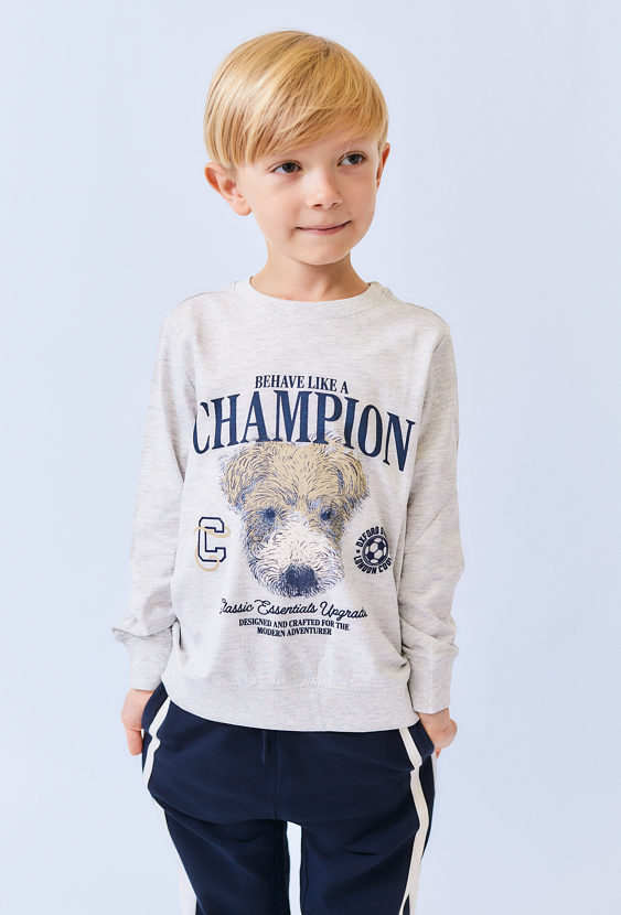 Szara bluzka chłopięca z nadrukiem CHAMPION i psem.