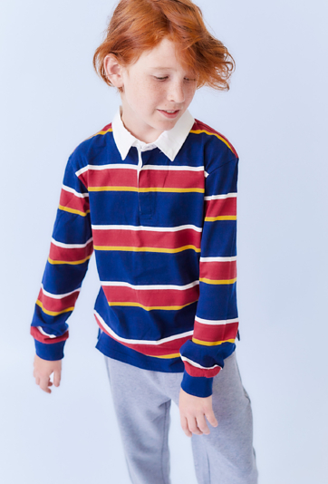 Granatowa bluzka chłopięca w kolorowe paski z kołnierzykiem