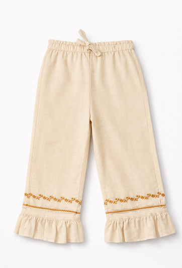 Spodnie flare wide leg z haftem i falbanką