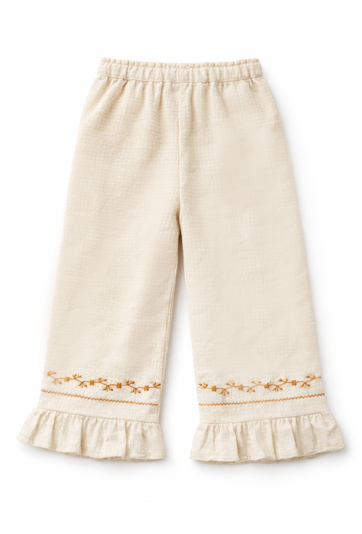 Spodnie flare wide leg z haftem i falbanką