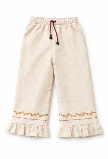 Spodnie flare wide leg z haftem i falbanką