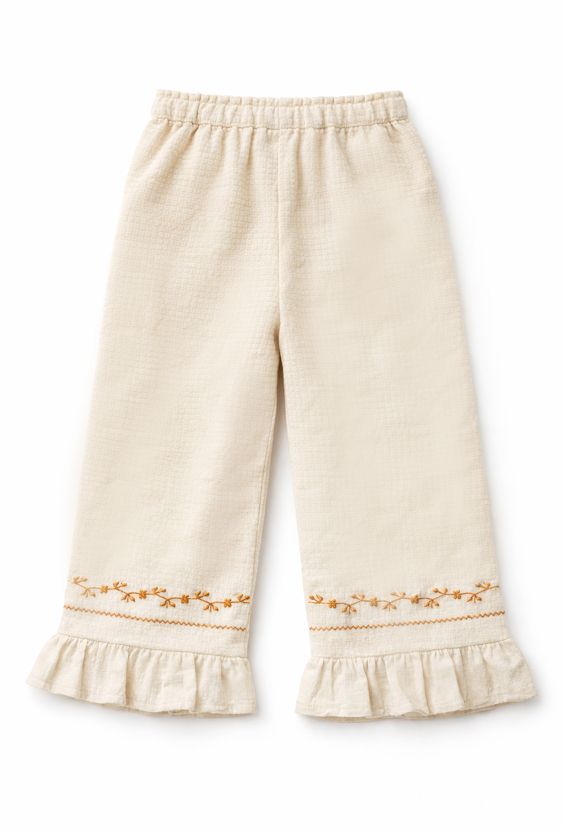 Spodnie flare wide leg z haftem i falbanką