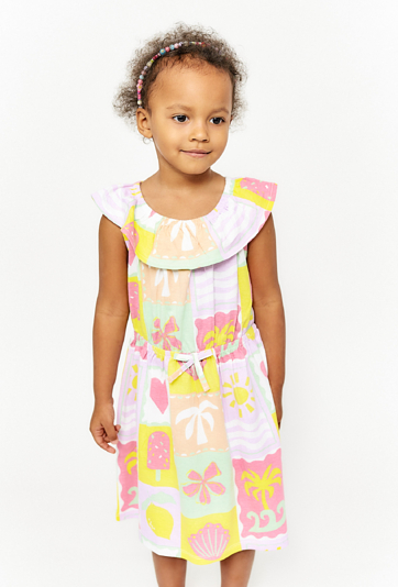 Kolorowa sukienka dziewczęca z wakacyjnym nadrukiem.