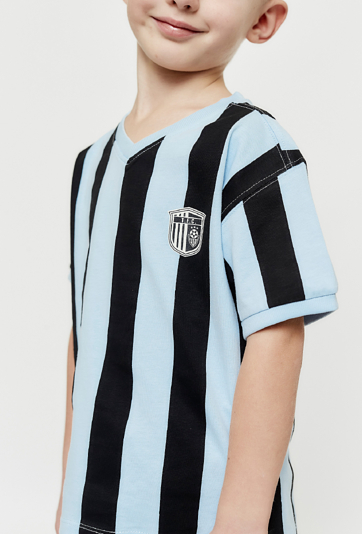 Dzianinowy t-shirt w niebiesko - granatowe paski