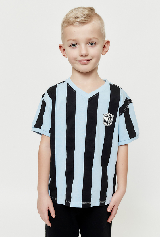 Dzianinowy t-shirt w niebiesko - granatowe paski