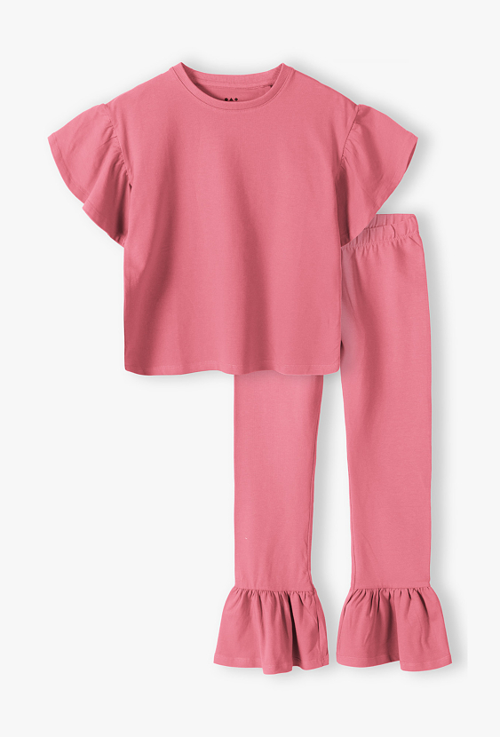 Komplet dziewczęcy – T-shirt z falbankami i legginsy dzwony