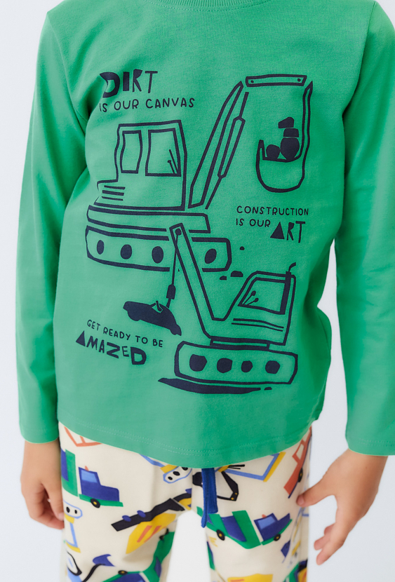 Bluzka dziecięca zielona z nadrukiem koparki.