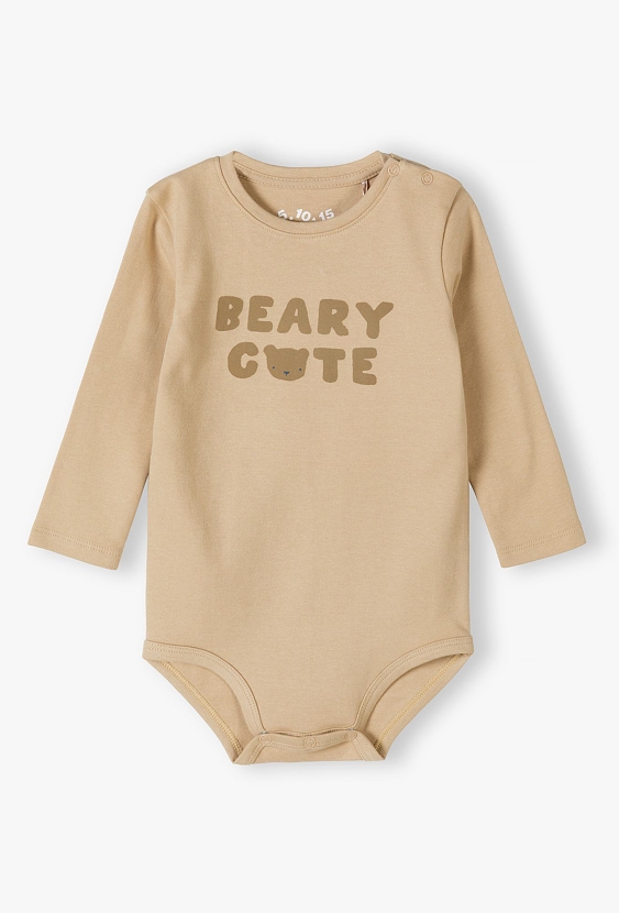 Beżowe bawełniane body niemowlęce z  napisem Beary Cute