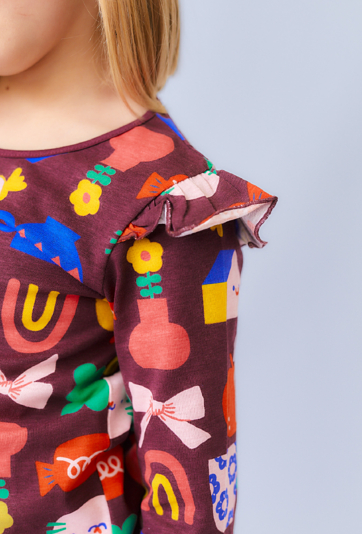 Brązowa bluzka dziewczęca z falbankami i kolorowym printem