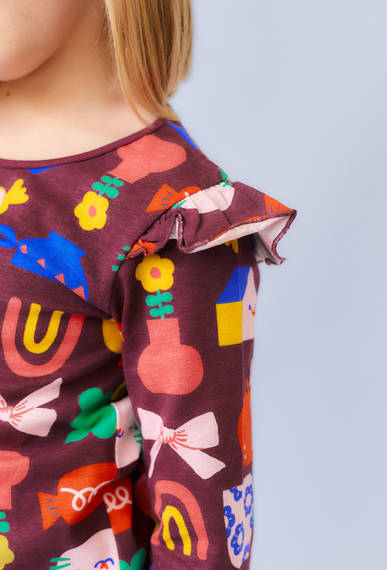 Brązowa bluzka dziewczęca z falbankami i kolorowym printem