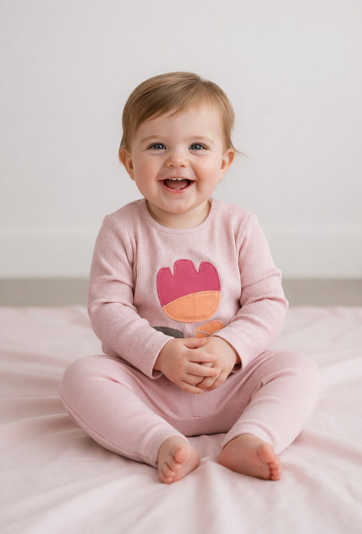 Różowa bluzka dziewczęca z długim rękawem i naszywką.