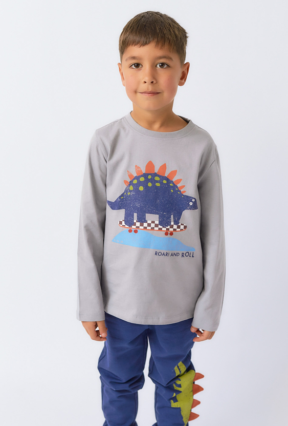 Bluzka chłopięca z długim rękawem i nadrukiem dinozaura