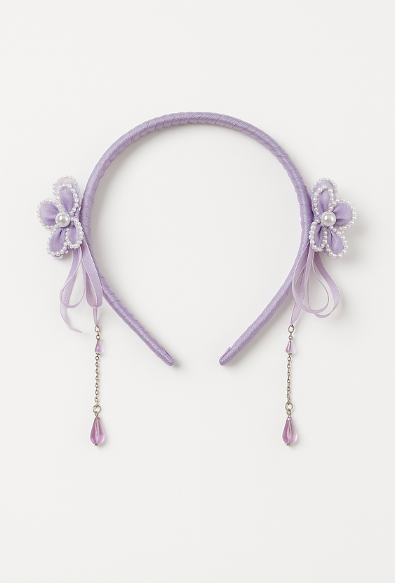 Opaska dziewczęca fioletowa z kwiatkami i perełkami