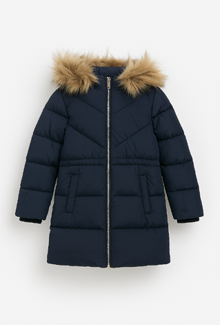 Granatowa kurtka zimowa z kapturem i futerkiem