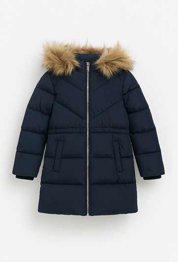 Granatowa kurtka zimowa z kapturem i futerkiem
