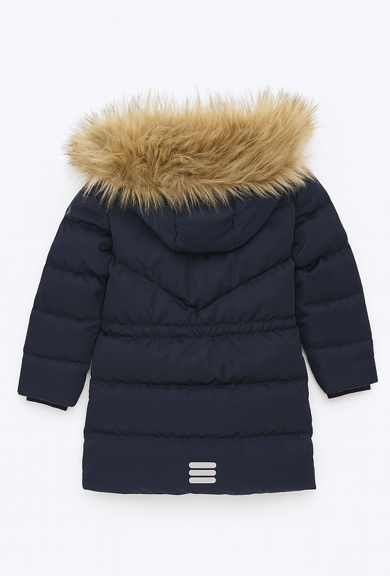 Granatowa kurtka zimowa z kapturem i futerkiem