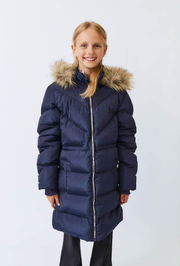Granatowa kurtka zimowa dziewczęca z kapturem i futerkiem