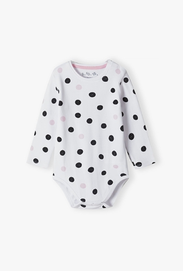 Białe bawełniane body niemowlęce w grochy