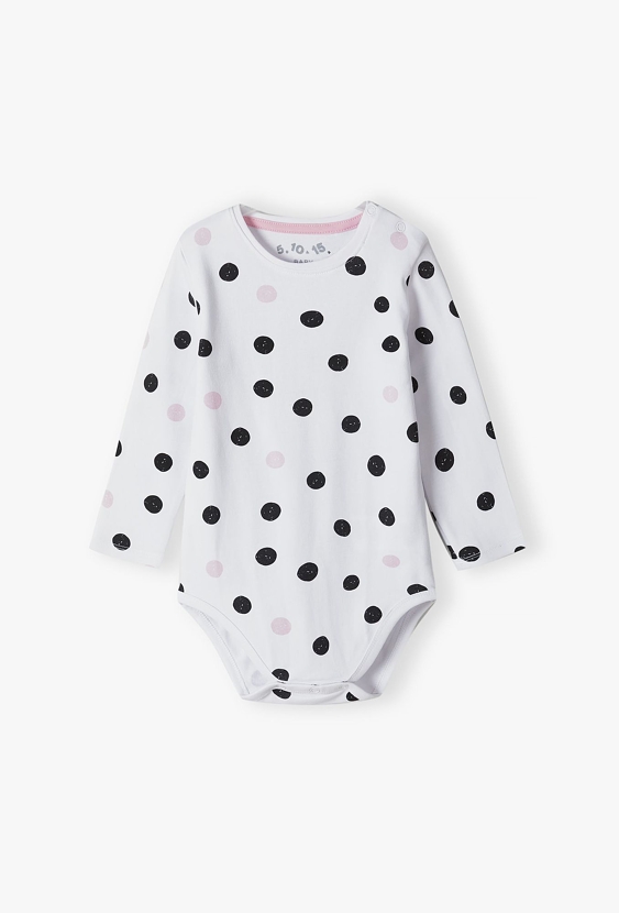 Białe bawełniane body niemowlęce w grochy