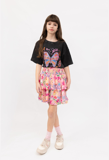 Krótka spódnica w kwiaty z elastyczną gumką w pasie