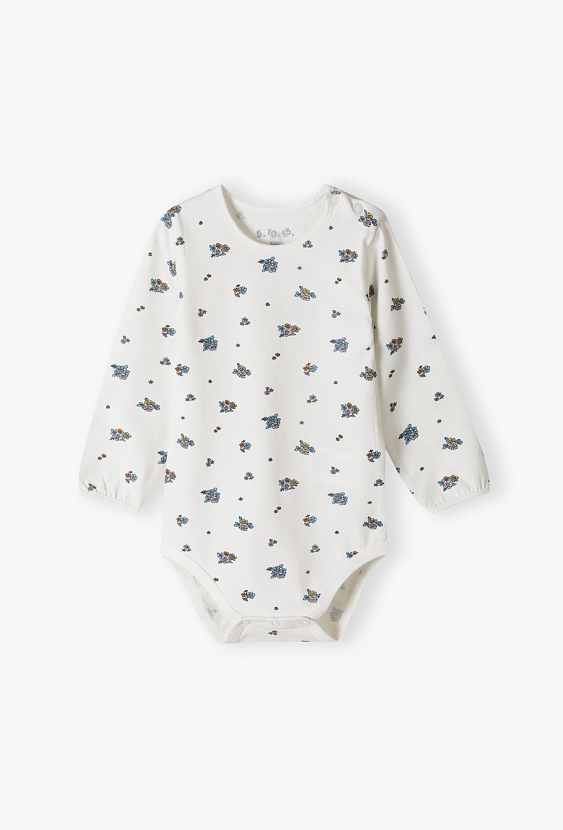 Białe body niemowlęce z długim rękawem w kwiaty