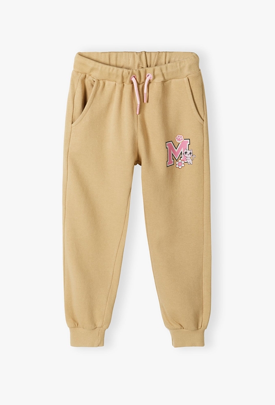 Spodnie dresowe dla dziewczynki - beżowe z kotkiem - 5.10.15.