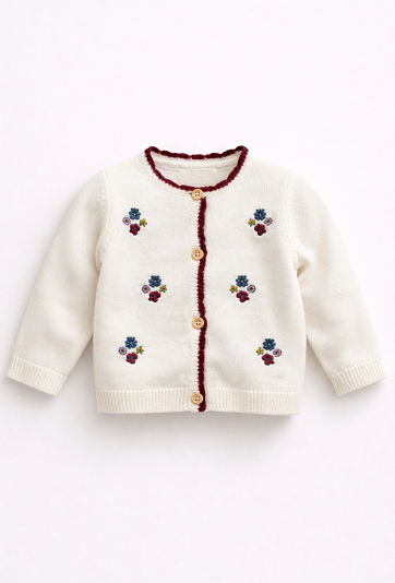 Ecru kardigan niemowlęcy z haftami i ozdobnym wykończeniem