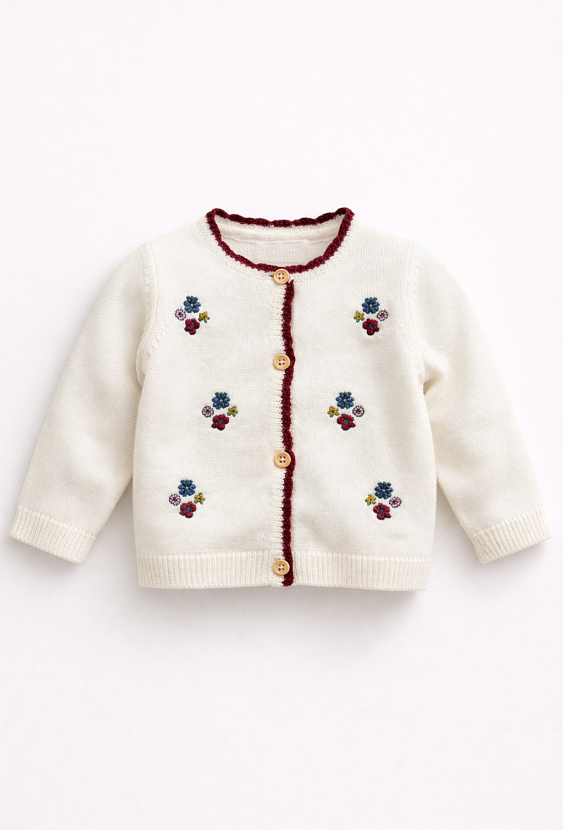 Ecru kardigan niemowlęcy z haftami i ozdobnym wykończeniem