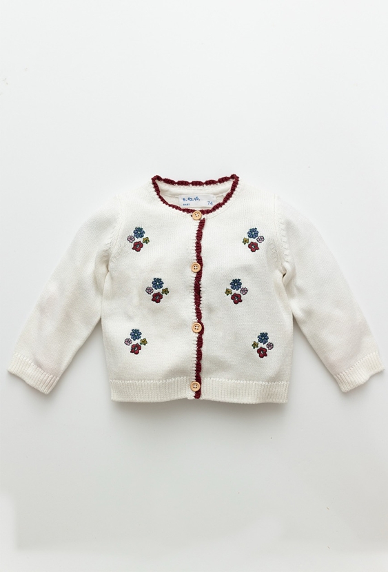 Ecru kardigan niemowlęcy z haftami i ozdobnym wykończeniem