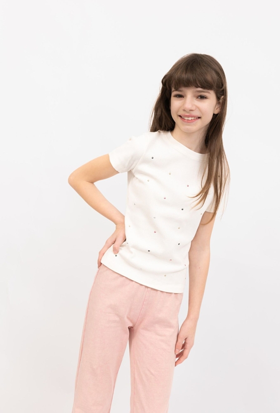 T-shirt dziecięcy prążkowany z ozdobnymi dżetami