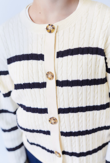 Dziewczęcy sweter kardigan w paski ecru – 100% bawełna