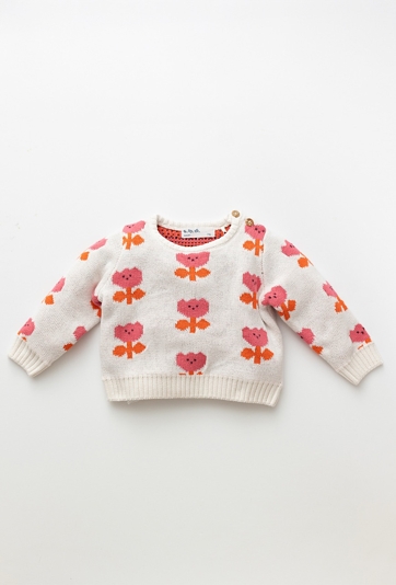 Ecru sweter niemowlęcy z żakardowym wzorem kwiatków