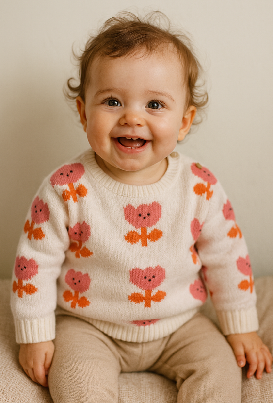 Ecru sweter niemowlęcy z żakardowym wzorem kwiatków