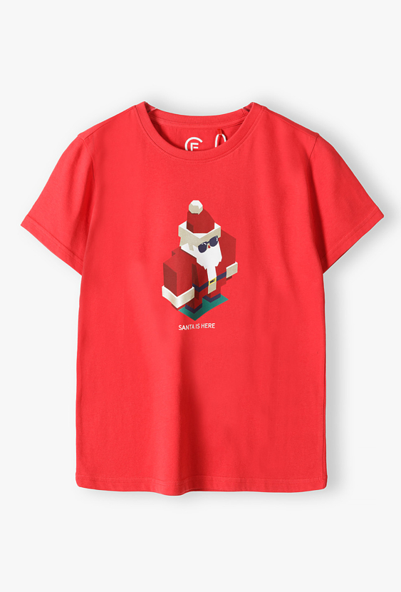 Świąteczny t- shirt męski - czerwony z napisem Santa is here