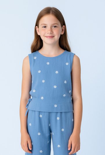 Muślinowa bluzka dziewczęca bez rękawów z - niebieska w muszelki